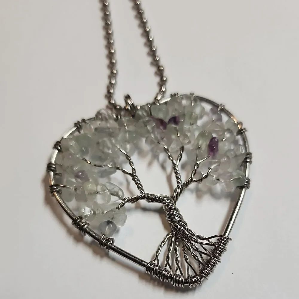 Amethyst Stone Silvertone Tree of Life Heart Pendant Necklace